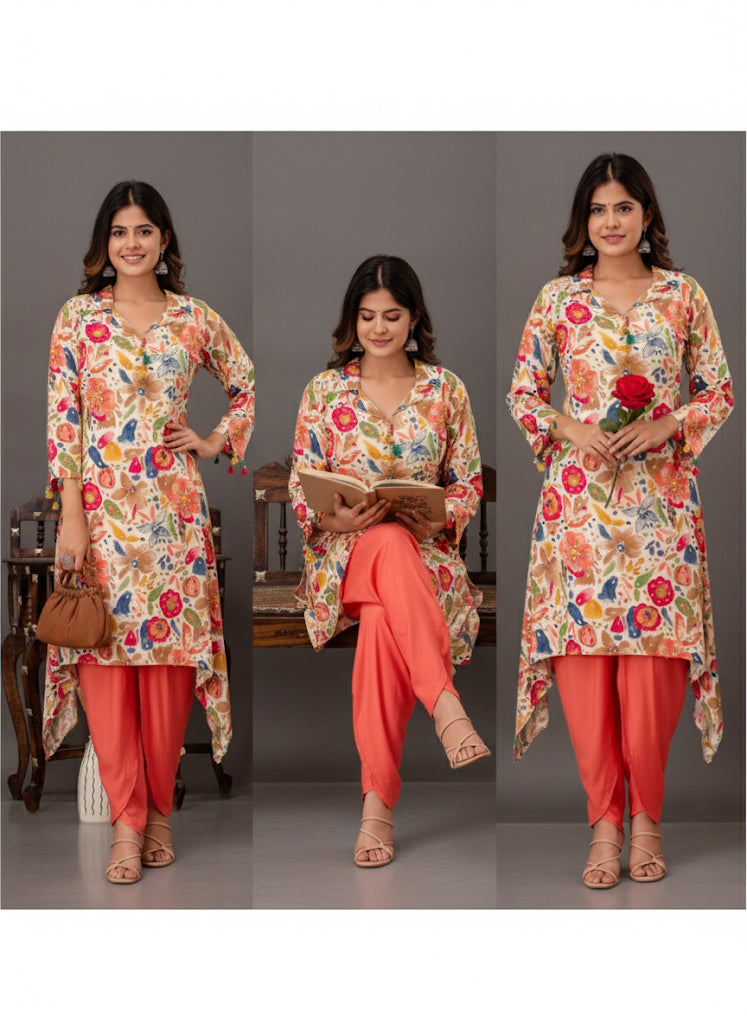 Floral Print C Cut Cotton Kurta With Dhoti Pants
