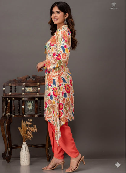Floral Print C Cut Cotton Kurta With Dhoti Pants