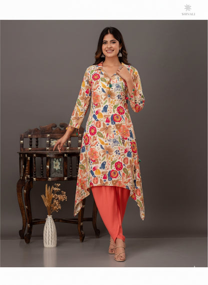 Floral Print C Cut Cotton Kurta With Dhoti Pants
