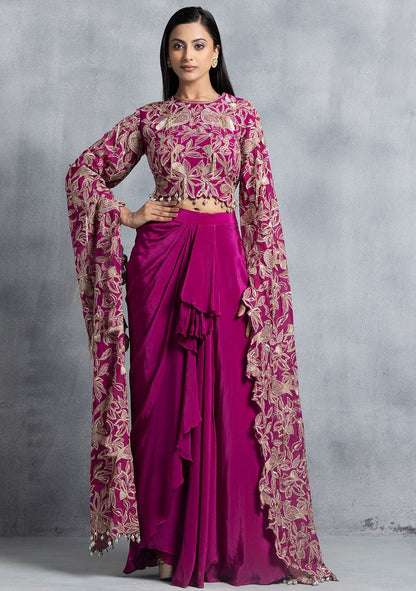 Partywear designer hot pink crop top with dhoti skirt
