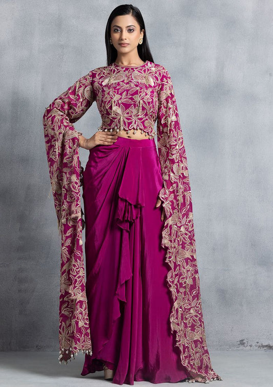 Partywear designer hot pink crop top with dhoti skirt