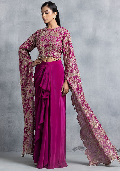 Partywear designer hot pink crop top with dhoti skirt