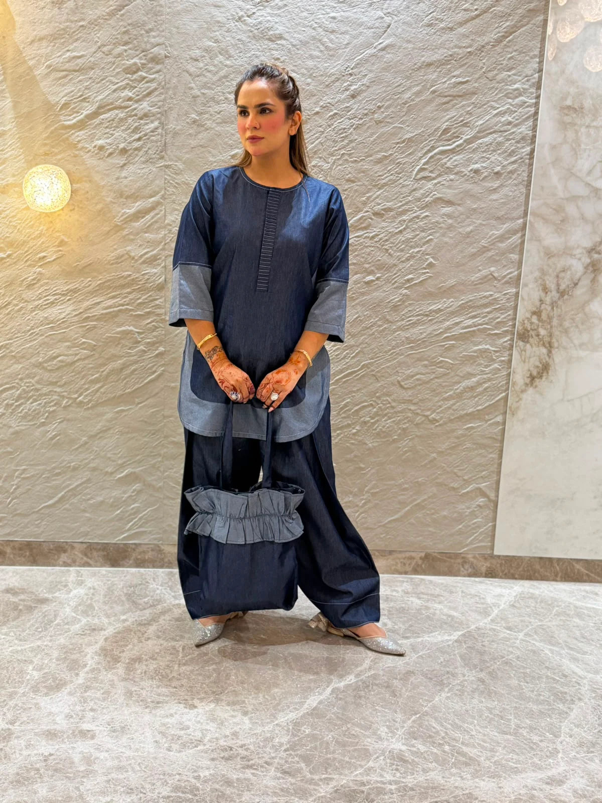 Designer Soft Denim Kurta With Farshi Salwar With Matching Bag