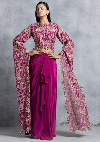 Partywear designer hot pink crop top with dhoti skirt