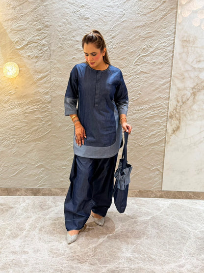 Designer Soft Denim Kurta With Farshi Salwar With Matching Bag