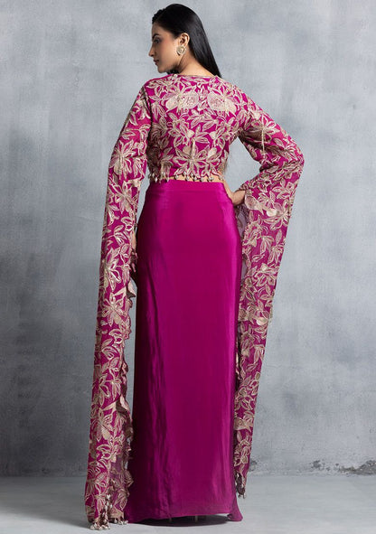 Partywear designer hot pink crop top with dhoti skirt
