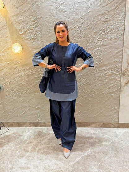 Designer Soft Denim Kurta With Farshi Salwar With Matching Bag
