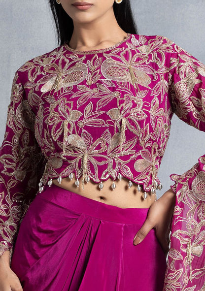 Partywear designer hot pink crop top with dhoti skirt