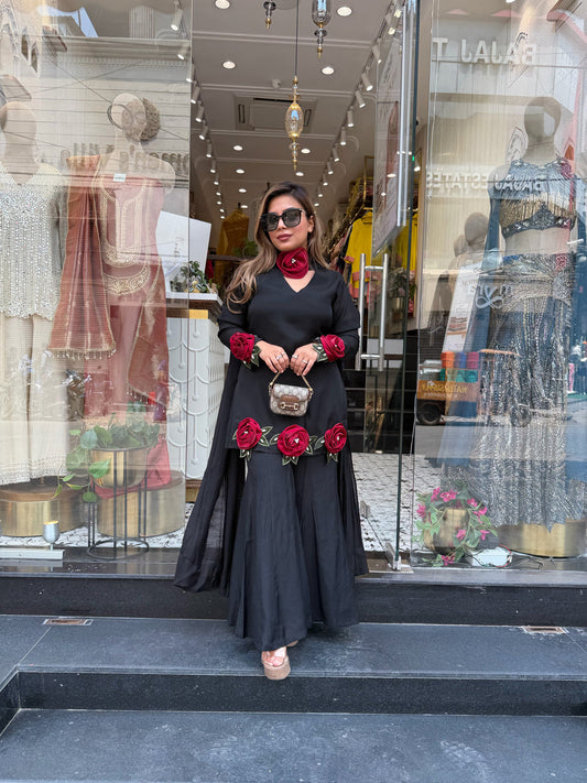 Designer 3D Rose Kurta With Flared Sharara