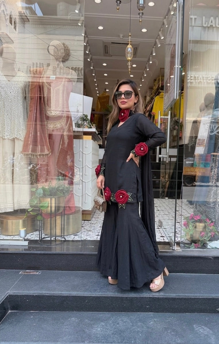 Designer 3D Rose Kurta With Flared Sharara