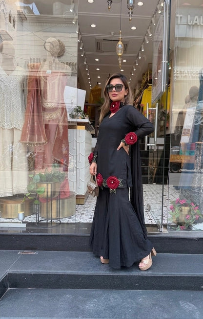 Designer 3D Rose Kurta With Flared Sharara