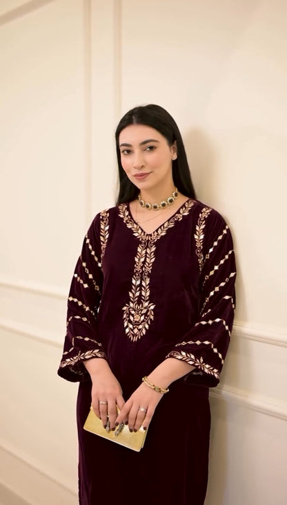 Maroon Velvet Co-ord Set With Embroidery And Mirror Work