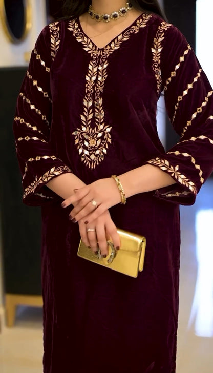 Maroon Velvet Co-ord Set With Embroidery And Mirror Work