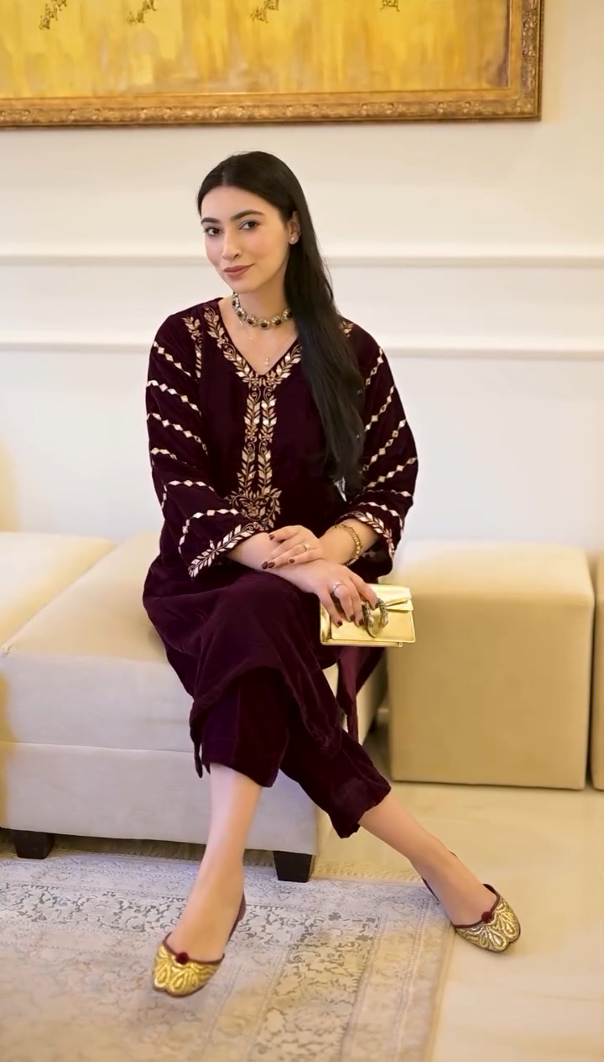 Maroon Velvet Co-ord Set With Embroidery And Mirror Work