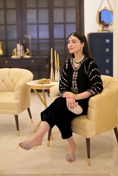 Black Velvet Co-ord Set With Embroidery And Mirror Work
