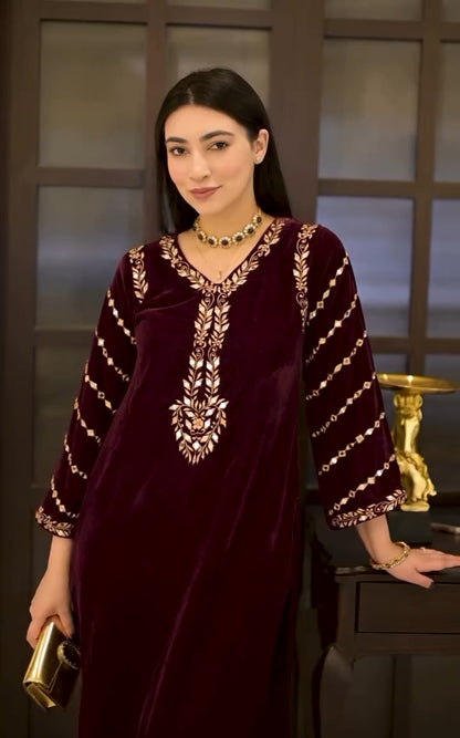 Maroon Velvet Co-ord Set With Embroidery And Mirror Work