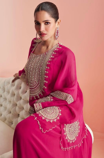 Hot Pink Pure Chinon Kaftan Style Tunic With Dhoti Drape Skirt