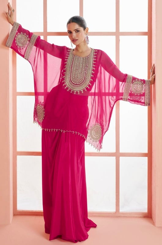Hot Pink Pure Chinon Kaftan Style Tunic With Dhoti Drape Skirt