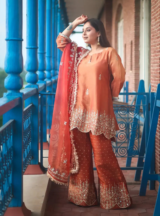 Pure Tissue Designer Partywear Mirror Work & Zari Embroidered Sharara Suit