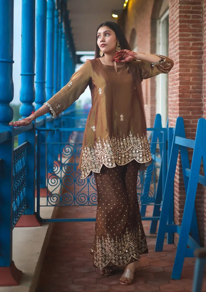 Pure Tissue Designer Partywear Mirror Work & Zari Embroidered Sharara Suit