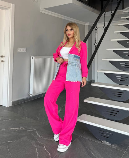 Denim Dual Tone Colour Block Blazer Coord Set