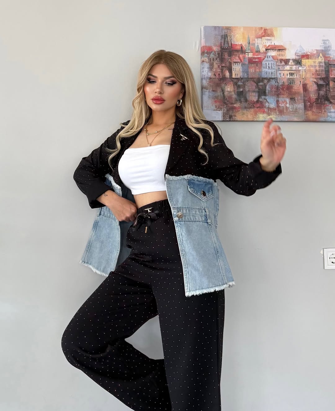 Denim Dual Tone Colour Block Blazer Coord Set