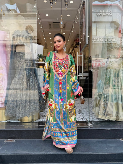 Designer Partywear Pure Crepe Kaftan Long Dress With Mirror Work