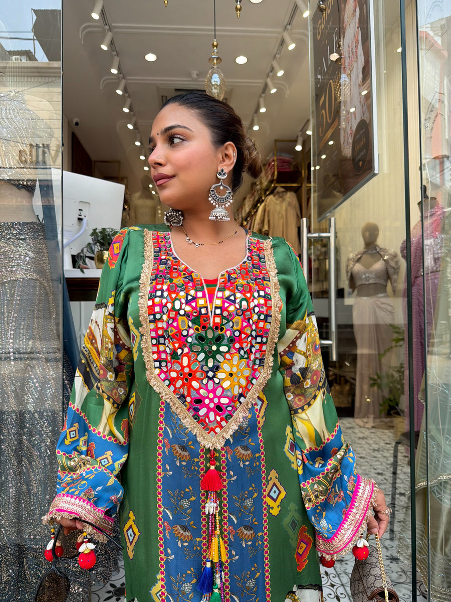 Designer Partywear Pure Crepe Kaftan Long Dress With Mirror Work