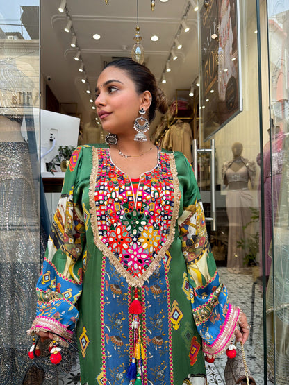 Designer Partywear Pure Crepe Kaftan Long Dress With Mirror Work