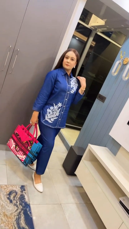 Soft Denim Coord Set With Kashmiri Embroidery
