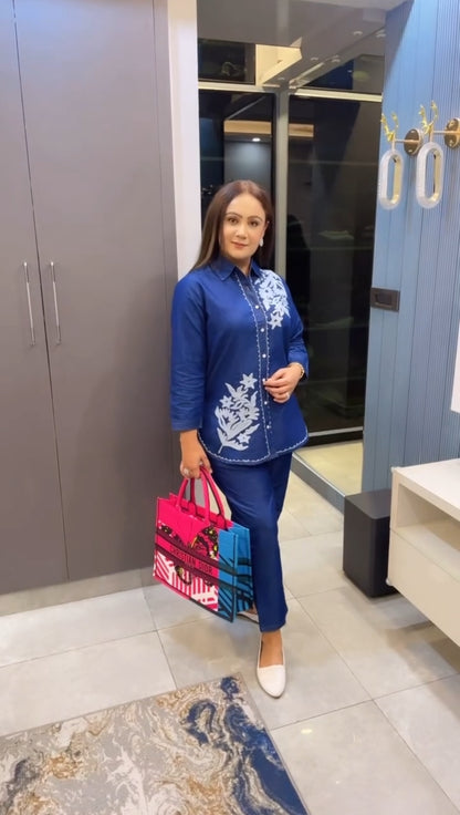 Soft Denim Coord Set With Kashmiri Embroidery