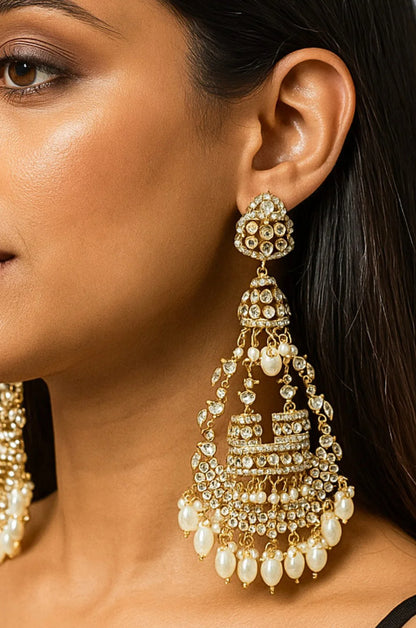 Designer Partywear Kundan Long Dangler Pearl Earrings