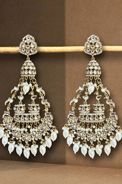 Designer Partywear Kundan Long Dangler Pearl Earrings