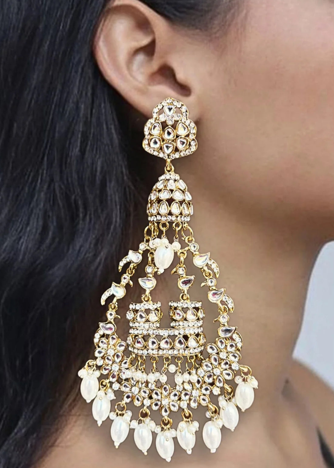Designer Partywear Kundan Long Dangler Pearl Earrings