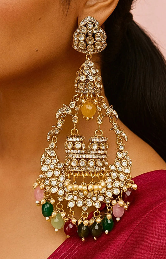 Designer Partywear Kundan MultiColour Long Dangler Pearl Earrings