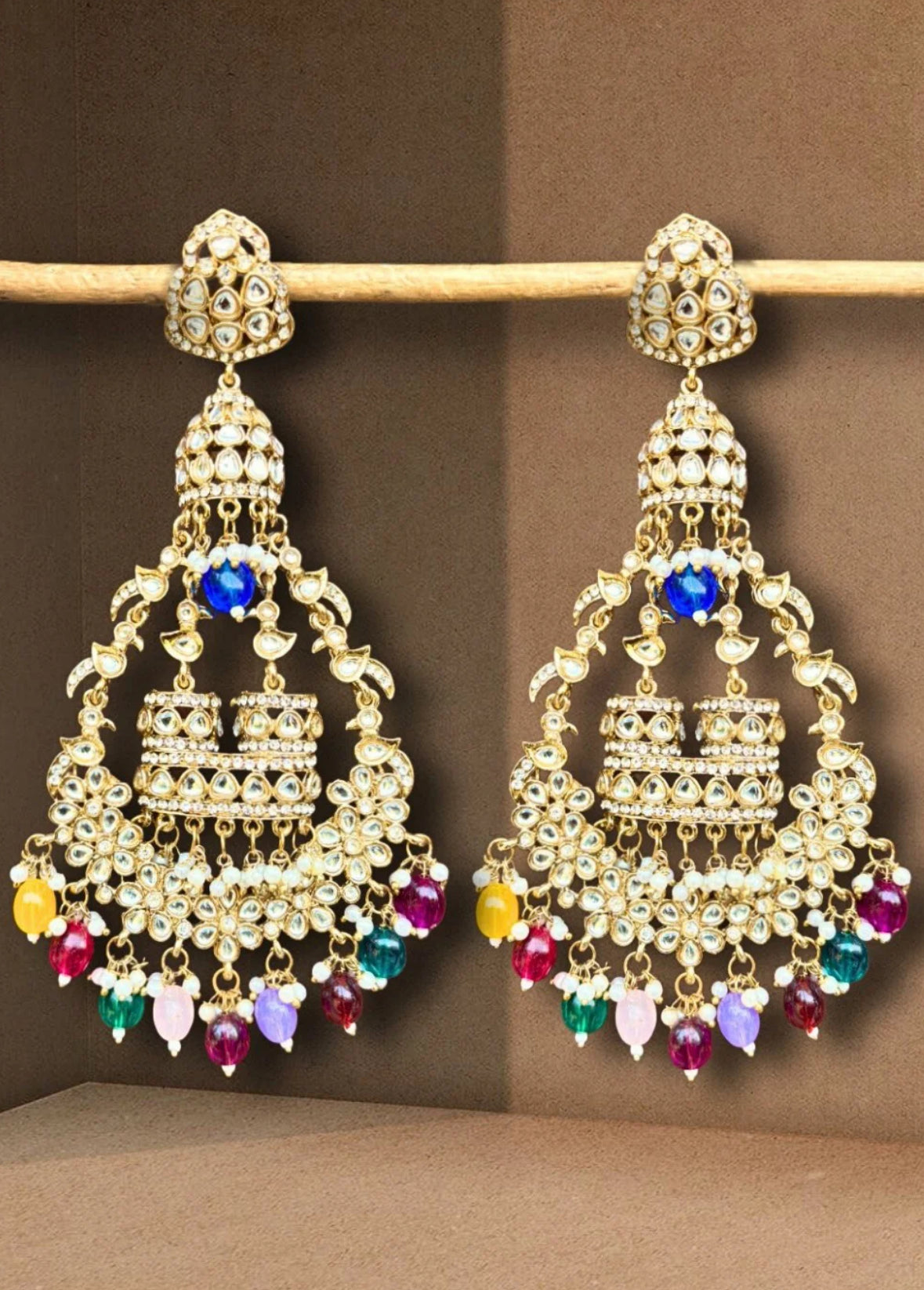 Designer Partywear Kundan MultiColour Long Dangler Pearl Earrings
