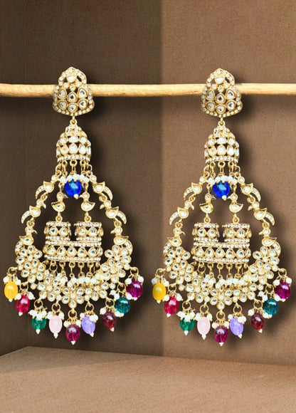 Designer Partywear Kundan MultiColour Long Dangler Pearl Earrings