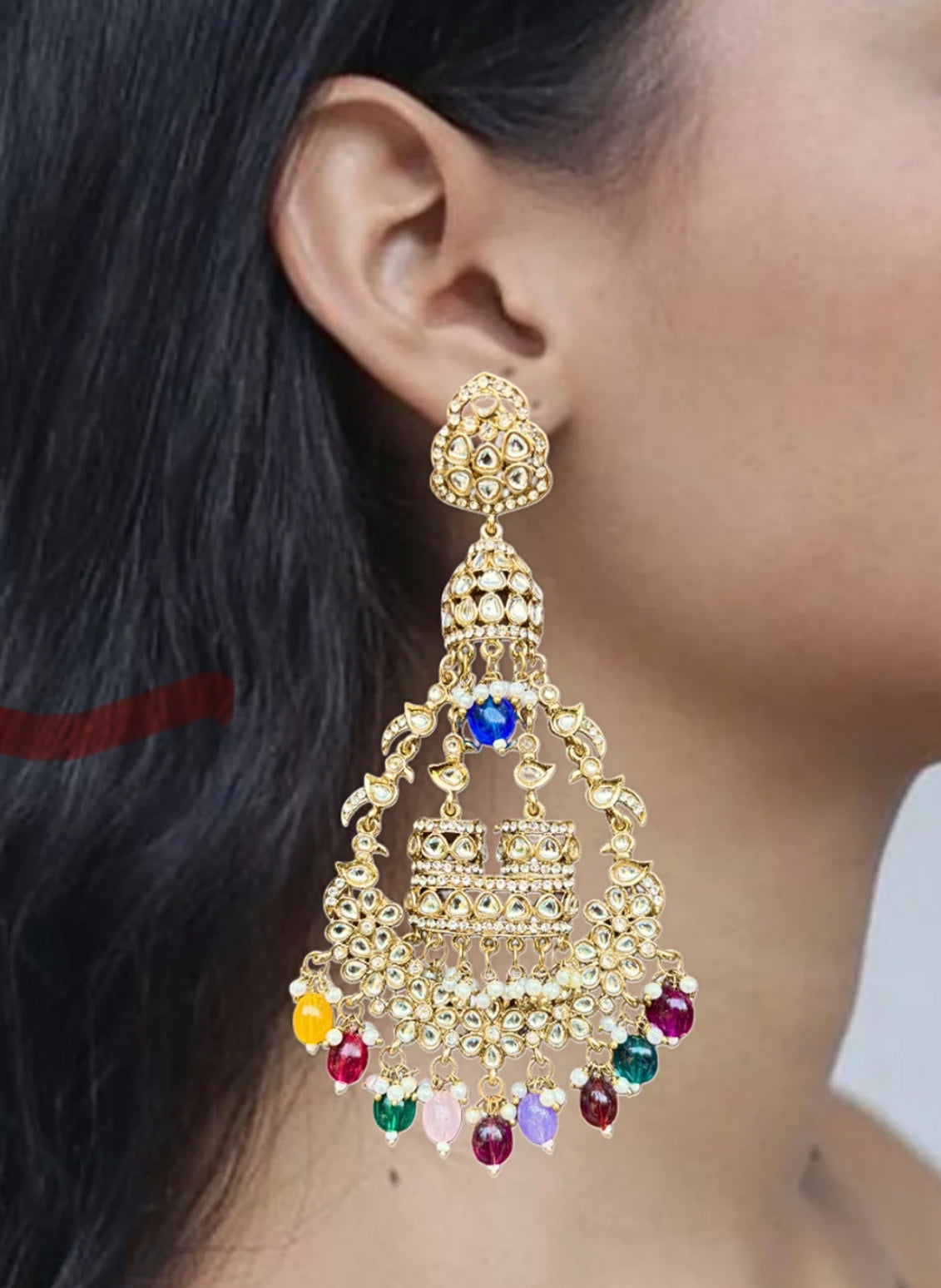 Designer Partywear Kundan MultiColour Long Dangler Pearl Earrings