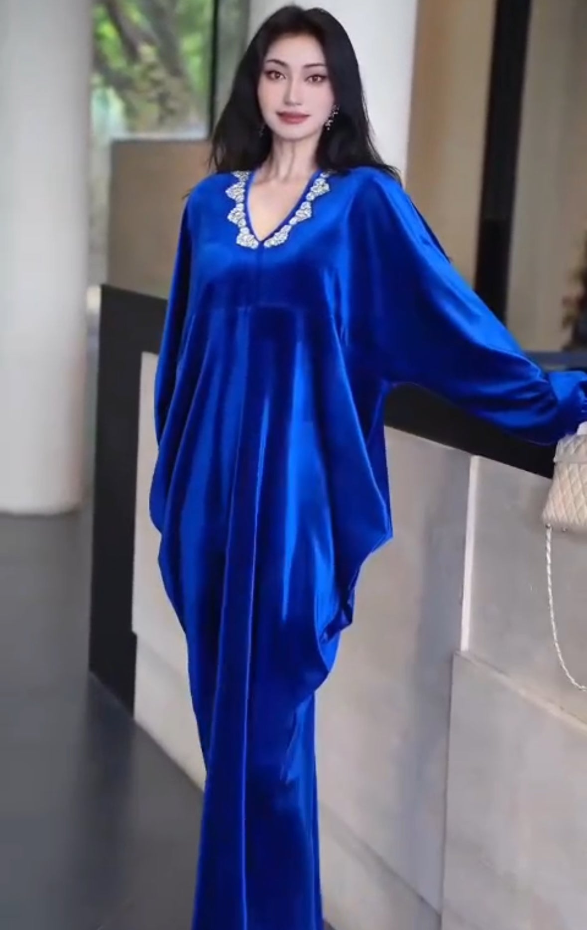 Imported Premium Velvet Rhinestone Neckline Kaftan Dress