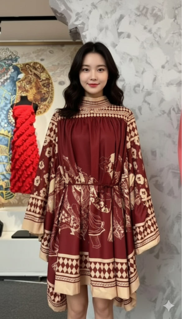 Imported Satin Silk Batwing Sleeves Short Kaftan Dress
