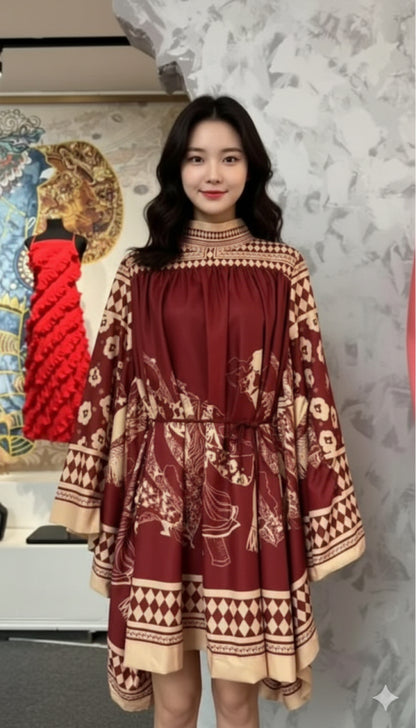 Imported Satin Silk Batwing Sleeves Short Kaftan Dress
