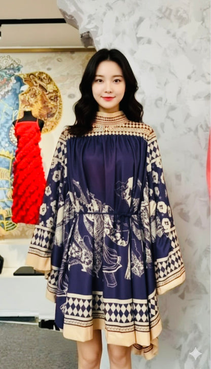 Imported Satin Silk Batwing Sleeves Short Kaftan Dress