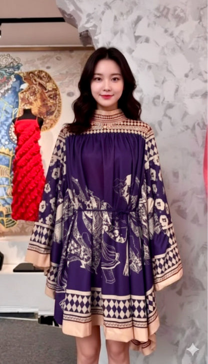 Imported Satin Silk Batwing Sleeves Short Kaftan Dress