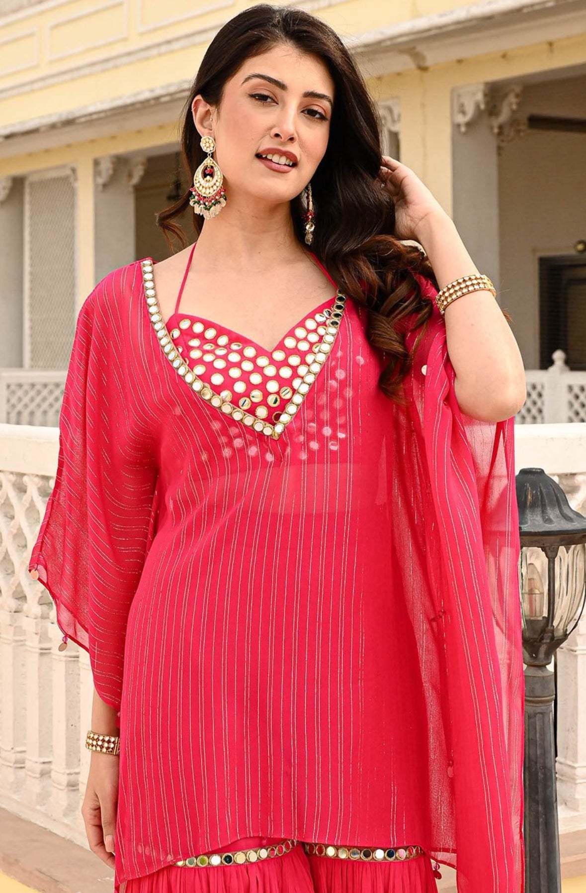 Designer Partywear Hot Pink Mirror Work Kaftan Set