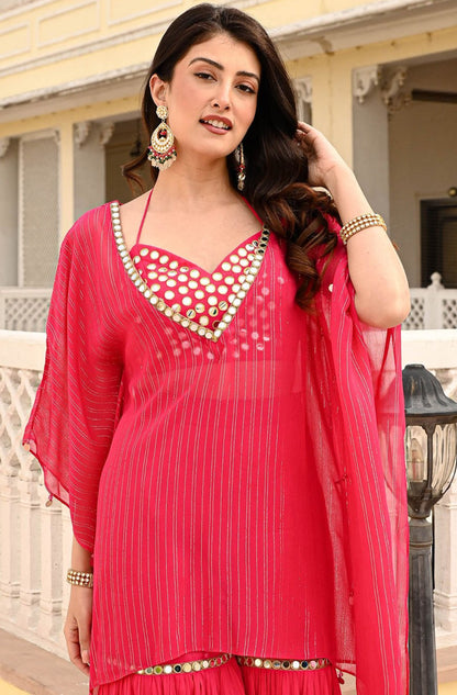 Designer Partywear Hot Pink Mirror Work Kaftan Set