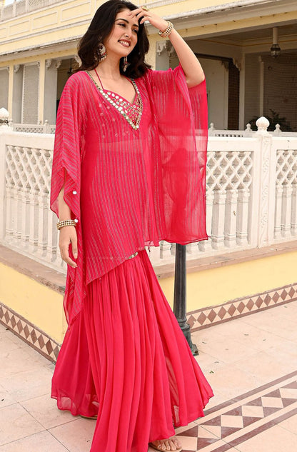 Designer Partywear Hot Pink Mirror Work Kaftan Set