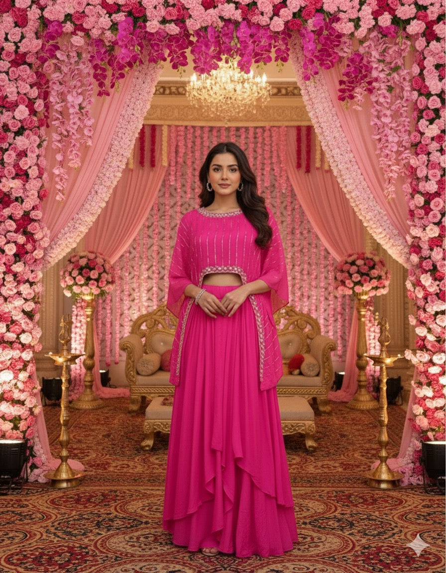 Designer Partywear Hot Pink Drape Skirt With Kaftan Style Top
