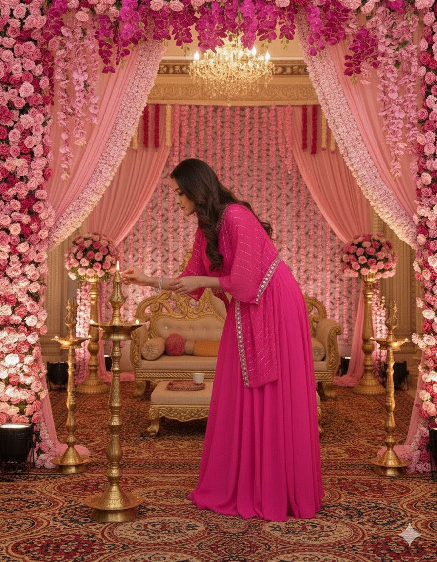 Designer Partywear Hot Pink Drape Skirt With Kaftan Style Top