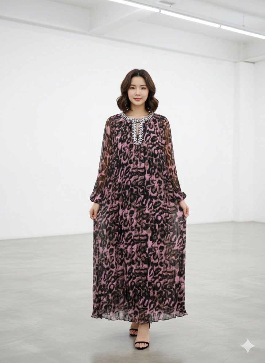 Imported Designer Animal Print Long Maxi Dress With Rhinestone