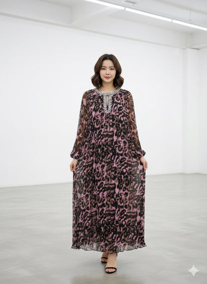 Imported Designer Animal Print Long Maxi Dress With Rhinestone